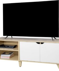 Relaxdays Meuble TV 6 Compartiments, Passe-câbles, 50x140x40 cm, Nature/Blanc