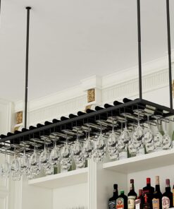 NMDCDH Bar Casier À Vin Restaurant Plafond Suspendu Porte-Verre À Vin Bouteilles De Vin Et Verres À Pied en Verre Gobelets Présentoir pour Bars Cuisines Étagère De Décoration - Noir (Tail