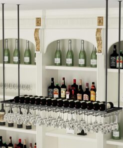 Casier à vin à Suspendre au Plafond pour Bouteilles de vin et Verres à Pied, étagère de Rangement Industrielle Noire à l'envers pour Bar, Cuisine, Restaurant, 60 x 27 x 8 cm