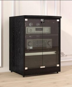 Meuble Hi FI avec Rangement, Meuble Stéréo avec Étagères Réglables, Meuble Rack Audio avec Portes en Verre, Bois Rack Audio Couvercle Rabattable(Nero,2-Tier)