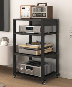 Meuble Rack Audio Mobile, Meuble Hi FI avec Roues Universelles, Support TV en Métal avec Étagères Réglables, Cadre en Acier au Carbone, Plaque en Acier Galvanisé(4 Tier 50x40x69.5CM)