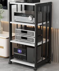 Meuble Rack Audio, Meuble HiFi Mobile, Meuble AV Ouvert, Meuble stéréo multimédia Audio vidéo avec Hauteur réglable, for la Maison/Le Bureau/Le cinéma(Black+White,19.6" x 15.7" x35")