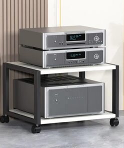 Meuble Hi FI, Meuble Audio Vidéo Mobile 2/3/4 Couches, Ouverte et Respirante, Meuble stéréo for Lecteur CD, Style Industriel, Adapté à la Maison/Bureau/cinéma(Wit,19.6x19.2/50x49cm)