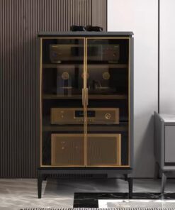 Meuble Rack Audio À 4 Niveaux, Meuble Stéréo en Bois, Meuble Hi FI avec Porte en Verre Trempé, Meuble Audio Vidéo avec Gestion des Câbles, Meuble TV Moderne(Dark Gray,W45cm/17.7in)