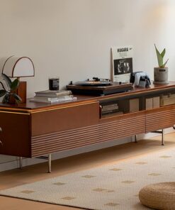 Meuble TV LED, centre de divertissement multimédia avec étagères réglables et porte coulissante en verre – Console TV avec porte battante, 2 tiroirs – Meuble TV pour salon