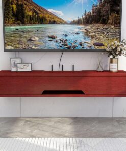 Meuble TV mural – Console multimédia flottante avec gestion cachée des câbles et petite étagère de rangement pour chambre à coucher, meuble TV élégant et support décodeur