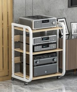 Meuble TV Multifonctionnel réglable en Bois Blanc et Acier avec roulettes et étagères, adapté aux Home cinémas, aux centres de Rangement AV et aux Meubles Audio Haute fidélité (70 cm/27,5 po