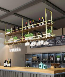 Casier à vin Suspendu en métal, Support Industriel à 2 Niveaux pour Verres à vin au Plafond, avec étagère pour Verres à Pied, présentoir et Rangement pour Bar, café, Cuisine, doré (80 × 30 ×