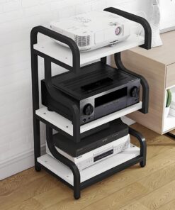 Meuble HiFi avec étagère en Bois réglable en Hauteur, Meuble Rack Audio Ouvert, Armoire de Rangement multimédia, for Support multimédia vidéo, for Salon, Bureau/DJ/théâtre(White+Teak)