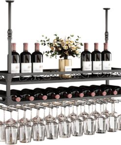 Support de Verre à vin de Plafond, Support à vin Suspendu avec Support de Verre et étagère à 2 Couches, Support de Bouteille de vin Industriel réglable en Hauteur pour Bar, café, c