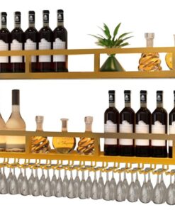 Casier à vin Mural Flottant avec lumière LED et Support à Verres Suspendu, Finition dorée, idéal pour Un Bar ou Un Restaurant à Domicile