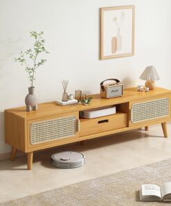 Table TV Console multimédia en Bambou, Porte coulissante en Maille, Meuble TV, Centre de Divertissement, Support TV pour téléviseurs jusqu'à 65 Pouces (Couleur : avec tiroir, Taille : 160 cm