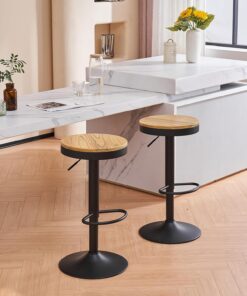 YOUNIKE Tabouret Bar Bois Rond Chaises Haute de Bar Assise Ilot Central Cuisine Siege Bar Lot de 2 Vintage Reglable Rotation Metal Pivotante Noir