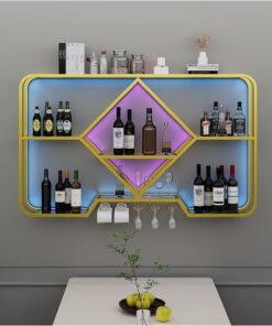 Casier à vin Flottant avec éclairage LED, étagère de Rangement Moderne avec Porte-Verres, Organiseur de Bouteilles en métal pour Bar, Salle à Manger et Cuisine – Doré, 100 x 7,5 cm. Élégant