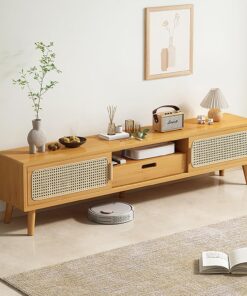 Table TV Console multimédia en Bambou, Porte coulissante en Maille, Meuble TV, Centre de Divertissement, Support TV pour téléviseurs jusqu'à 65 Pouces (Couleur : avec tiroir, Taille : 160 cm