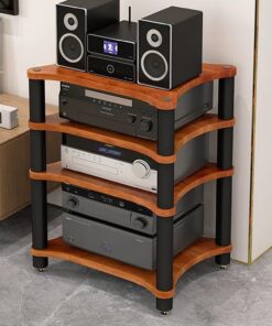 Meuble Hi FI, Meuble Audio Vidéo avec Pieds amortisseurs, Cadre en Acier Tubulaire en métal épais, Meuble stéréo Ouvert à 4 côtés, for Salon/Jeu(Walnut Color)