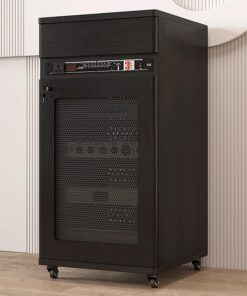 Meuble Stéréo avec Tiroir, Support Multimédia AV avec Trou for Câble, Meuble Hi FI Mobile avec Serrure de Porte, Meuble Rack Audio avec Étagères Réglables(Nero,52x55x108CM)