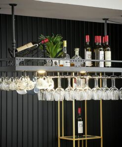 Porte-Bouteilles de vin de Plafond en métal avec Support pour Verres à Pied, étagère Murale Suspendue pour Boissons alcoolisées, pour Bar et Salle à Manger, Noir