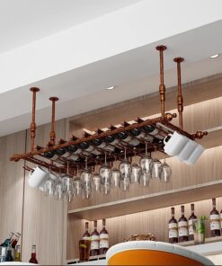 Porte-Bouteilles de vin Vintage à Suspendre au Plafond, Hauteur réglable, Support pour Verres à vin, Support pour Verres à Pied, pour Bar, Maison, Cuisine - Décoration d'intérieur en Bronze