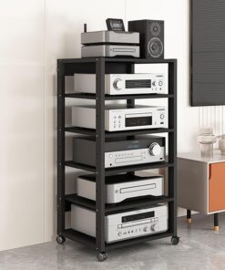 Meuble Hifi Support Audio AV Media Stand 6 7 Niveaux Étagère pour équipement électronique DVD Mobile Noir Console de jeux vidéo de divertissement Armoire pour TV Multimedia Tourne Disque Imprimante(50