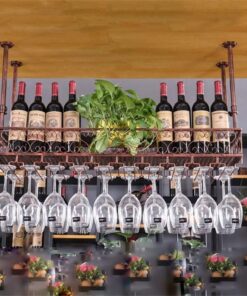 Casier à vin Mural avec étagères flottantes et Support de Verre à vin Suspendu au Plafond, en métal et Fer, pour Bar, Bronze, 80 x 25 cm (32 x 10 Pouces)