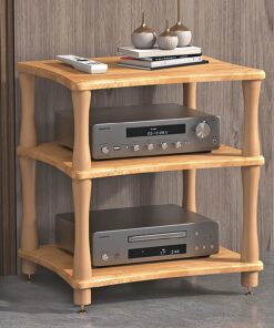 Meuble Rack Audio 1/2/3/4 Niveaux, Meuble Hi FI avec Pied Amortisseur, Meuble Audio Vidéo en Bois Massif, Meuble Stéréo Ouverte, Supports Composant Multimédia(Natural,3 Tier 60x48x64CM)