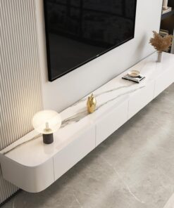 Générique Meuble TV Flottant Moderne - Meuble en Bois Blanc texturé de 140 cm avec étagères de Rangement 3/4 - Centre de Divertissement élégant pour Le Salon, Design Mural, Solution Peu encombrante