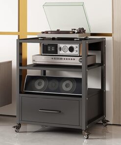 Meuble Audio Vidéo, Meuble Rack Audio Ouverte, Meuble Hi FI avec roulettes, Support TV avec Tiroir, avec Étagères Réglables, for Jeux, Salle D'enregistrement(3 Tier 50x40x69CM)