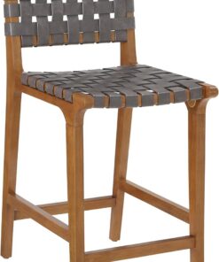 Ball & Cast Tabouret de comptoir tissé avec Dossier, Tabouret de Cuisine en Bois avec siège en Cuir PU, Tabouret de Bar avec Repose-Pieds pour Salle à Manger, Gris foncé