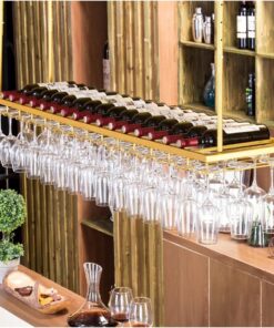 Casier à vin de Plafond doré avec Support à Verres à Pied, casier à vin pour la Maison, Organisateur de casier à vin Flottant pour Bar, Cuisine, Salle à Manger, Hauteur réglable (t