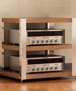 Meuble Hi FI, Meuble Audio Vidéoen Bois Massif, avec Pieds amortisseurs, Meuble Rack Audio Ouverte Multifonction, for la Maison/Le Bureau(Light Walnut,24.6x22.6)