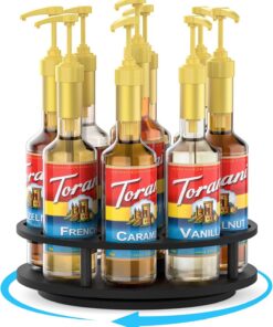 THYGIFTREE Grand organisateur rotatif de sirop de café pour 9 bouteilles de sirop pour comptoir en bois support de bouteille de sirop pour station de café, plateau de présentation de vin, plateau