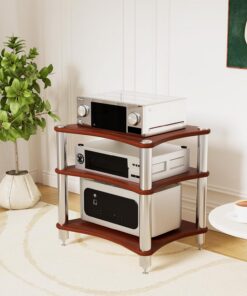 Étagère AV à 3 niveaux, supports pour équipements stéréo et supports, meuble pour équipements audio avec piques pour enceintes, rangement à air libre pour appareils de divertissement (Bois
