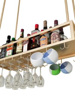 Casier à vin à Suspendre au Plafond, Support pour Verres à vin, gobelets, Verres à Pied, étagère décorative pour Bouteilles de vin, pour Bars, Restaurants, Cuisines, doré/80 x 25 x