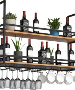 Casier à vin Suspendu, étagère décorative de Plafond en Fer pour Verres à vin, Support de Bouteille de vin Industriel à 2 Niveaux, pour Bar, café et Support de Rangement avec Support pour ve