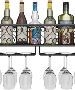 Étagères flottantes pour Bar avec Support à Verres à Pied, casier à vin Mural avec étagères, casier à vin pour la Maison, Le Bar, la Salle à Manger, la Cuisine, Noir (Dimensions : 80 x 25 x