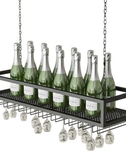 Étagères flottantes pour Bar avec chaîne en métal au Plafond, Porte-Bouteilles de vin Noir, Porte-Verres à vin Suspendu au Plafond, Porte-Verres à Pied (Taille : 100 x 25 x 20 cm)
