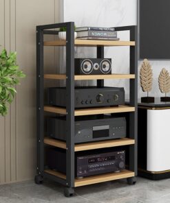 Étagères de rangement multimédia, support multimédia audio-vidéo à 4/5/6 niveaux avec étagère en bois réglable en hauteur et roues mobiles, rangement pour composants stéréo de divertissement