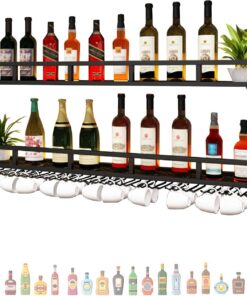 Porte Bouteille Casier à Bouteilles Mural avec Lumière Range Bouteille Etagere Murale Meuble Bar avec Support Verre a Pied Suspendu pour Comptoir de Bar Salon Cuisine Cave(Nero,80*25*54cm)