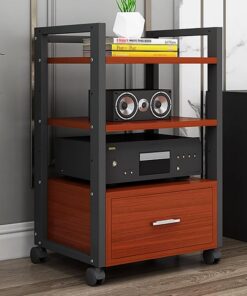 Meuble Rack Audio, Meuble Hi FI Mobile avec roulettes, Meuble Stéréo avec Tiroir, Cadre en Acier Robuste, Meuble Audio Vidéo avec Étagères Réglables(Brown,3 Tier 50x40x79CM)