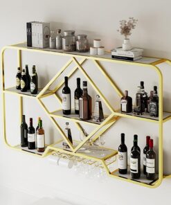 Étagère à vin Murale pour Bar élégant, Finition dorée, étagère de Rangement pour Bouteilles de vin et gobelets