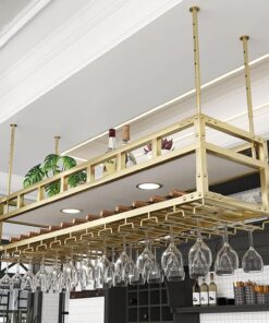 Casier à vin Suspendu avec 2 lumières, casier à vin monté au Plafond, Support de Bouteille de vin Industriel réglable, étagère à vin en Fer métallique pour Bar Salle à Manger