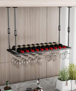 Casier à vin, Porte-Verre à vin monté au Plafond Porte-Bouteilles de vin Suspendus avec Porte-Verres à Pied gobelet, Support décoratif en métal pour Bar de Cuisine Porte-vin à l'en