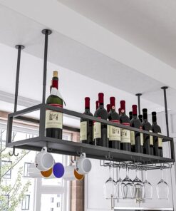 Porte-Bouteilles de vin à Suspendre au Plafond | Porte-Bouteilles de vin en métal, Porte-Bouteilles de vin Mural, Porte-gobelets à Champagne, étagère de Rangement pour Bar, restaur