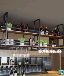 Casier à vin inversé avec Support pour Verres à vin, casier à vin Rond Industriel Suspendu, étagères flottantes pour Bar, casier à vin de Plafond pour Bar, café, Cuisine, Noir (Dimensions :