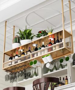 Étagère à vin de plafond, étagères flottantes pour bar, étagère à vin inversée avec support à verres à pied, étagère à vin suspendue avec perche, pour maison, restaurant, bar (dimensions : 1