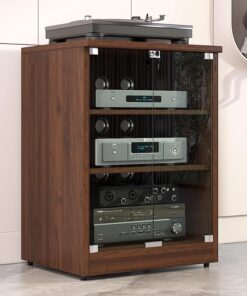 Meuble Média pour Équipement Audiovisuel - Armoire Stéréo avec Portes en Verre Trempé, Gestion des Câbles et Étagères Réglables, pour Chaînes Hi-FI et Composants(Walnut,80cm/31.5in)