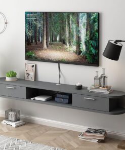 Meuble TV Flottant Moderne avec étagère de Rangement – Console Murale Grise pour Rangement sous téléviseur (150 x 22 x 20 cm) – Solution de Divertissement élégante pour la Maison