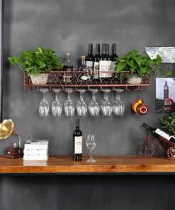 Casier à vin Mural avec Support pour Verre, présentoir à vin en métal Suspendu, présentoir à vin en Fer avec étagères, Support à Verres à Pied pour Bar à Domicile, Salle à Manger,