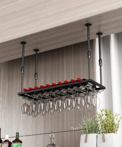 Support à Verres à vin Suspendu pour Bars, Restaurants et Cuisines, Hauteur réglable, décoration de Plafond, Support pour Verres à Pied, Noir (60 cm x 30 cm)